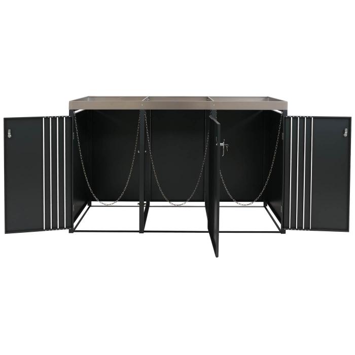 3er-Mlltonnenverkleidung HWC-O67, Mlltonnenbox mit Pflanzkasten, Metall 125x196x84cm 75kg ~ anthrazit Holzoptik hell