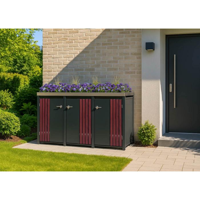 3er-Mlltonnenverkleidung HWC-O67, Mlltonnenbox mit Pflanzkasten, Metall 125x196x84cm 75kg ~ anthrazit Holzoptik dunkel