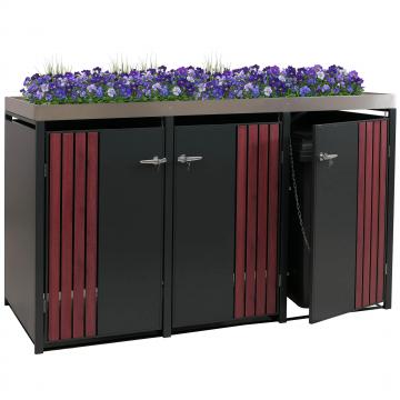 3er-Mlltonnenverkleidung HWC-O67, Mlltonnenbox mit Pflanzkasten, Metall 125x196x84cm 75kg ~ anthrazit Holzoptik dunkel