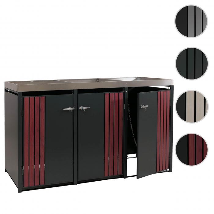3er-Mlltonnenverkleidung HWC-O67, Mlltonnenbox mit Pflanzkasten, Metall 125x196x84cm 75kg ~ anthrazit Holzoptik dunkel