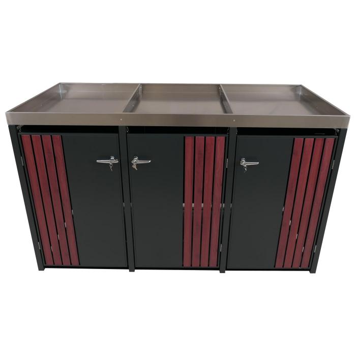 3er-Mlltonnenverkleidung HWC-O67, Mlltonnenbox mit Pflanzkasten, Metall 125x196x84cm 75kg ~ anthrazit Holzoptik dunkel