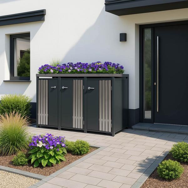Stimmungsbild fr Produkt 3er-Mlltonnenverkleidung HWC-O67, Mlltonnenbox mit Pflanzkasten, Metall 125x196x84cm 75kg ~ anthrazit Edelstahl
