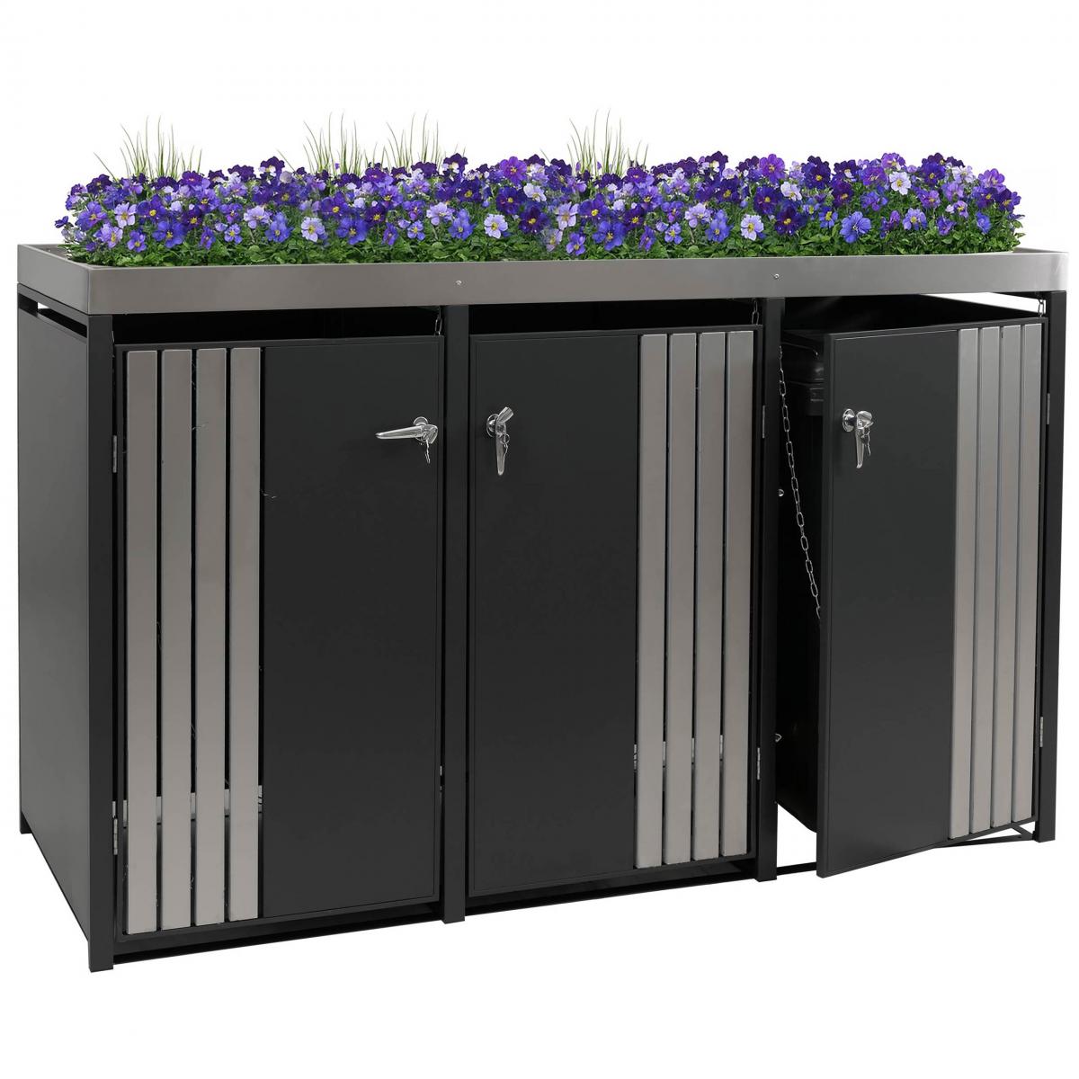 3er-Mlltonnenverkleidung HWC-O67, Mlltonnenbox mit Pflanzkasten, Metall 125x196x84cm 75kg ~ anthrazit Edelstahl