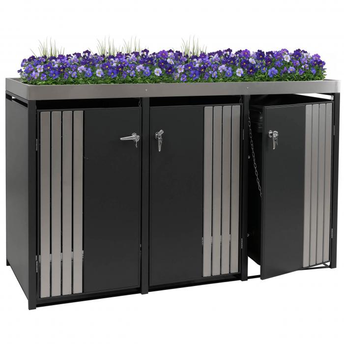 3er-Mlltonnenverkleidung HWC-O67, Mlltonnenbox mit Pflanzkasten, Metall 125x196x84cm 75kg ~ anthrazit Edelstahl