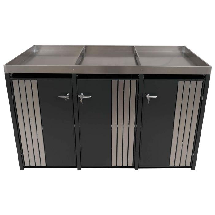 3er-Mlltonnenverkleidung HWC-O67, Mlltonnenbox mit Pflanzkasten, Metall 125x196x84cm 75kg ~ anthrazit Edelstahl
