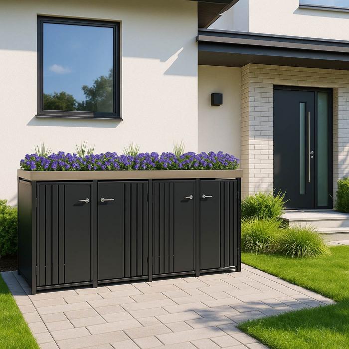 4er-Mlltonnenverkleidung HWC-O67, Mlltonnenbox mit Pflanzkasten, Metall 125x260x84cm 95kg ~ anthrazit
