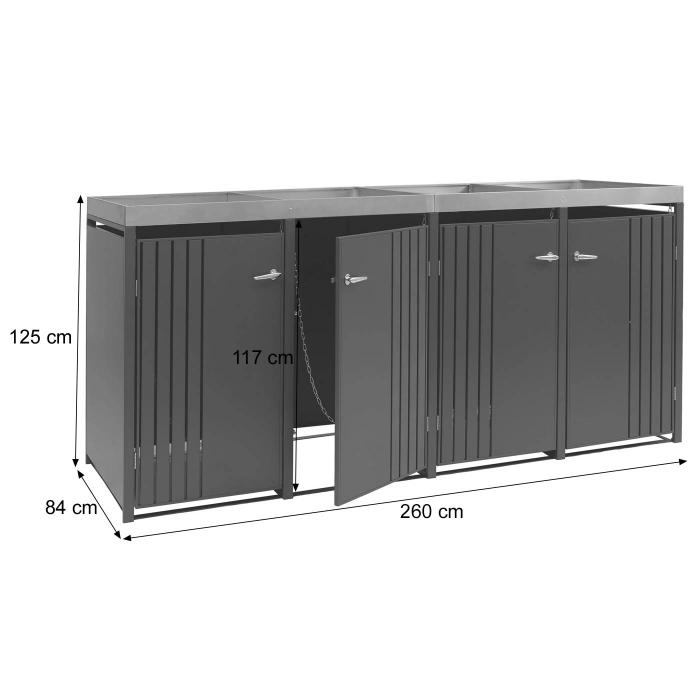 4er-Mlltonnenverkleidung HWC-O67, Mlltonnenbox mit Pflanzkasten, Metall 125x260x84cm 95kg ~ anthrazit