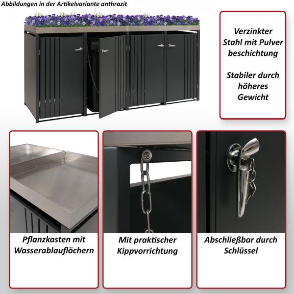 Foto mit wichtigsten Merkmalen des Produktes 4er-Mlltonnenverkleidung HWC-O67, Mlltonnenbox mit Pflanzkasten, Metall 125x260x84cm 95kg ~ anthrazit