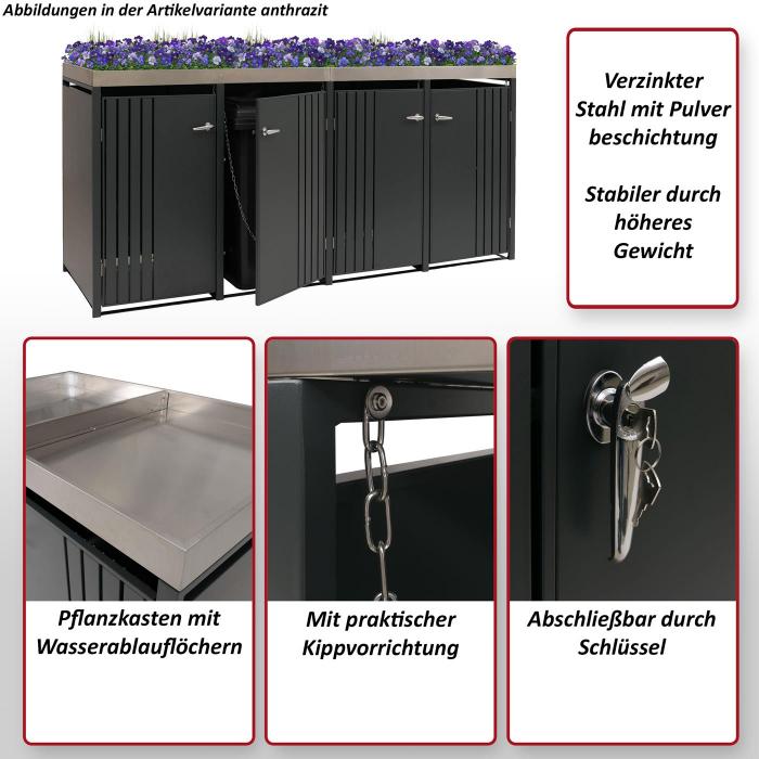 4er-Mlltonnenverkleidung HWC-O67, Mlltonnenbox mit Pflanzkasten, Metall 125x260x84cm 95kg ~ anthrazit