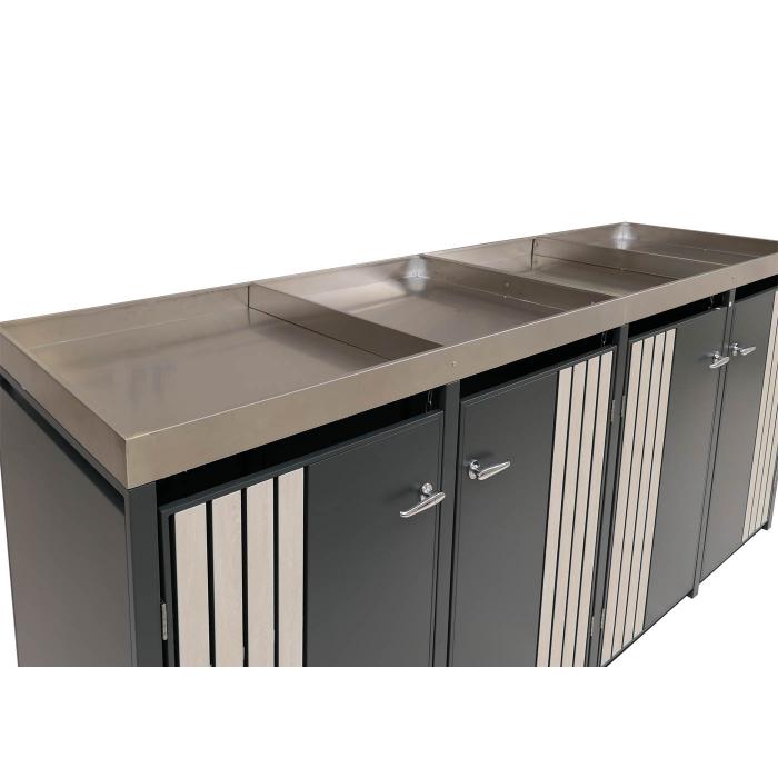 4er-Mlltonnenverkleidung HWC-O67, Mlltonnenbox mit Pflanzkasten, Metall 125x260x84cm 95kg ~ anthrazit Holzoptik hell