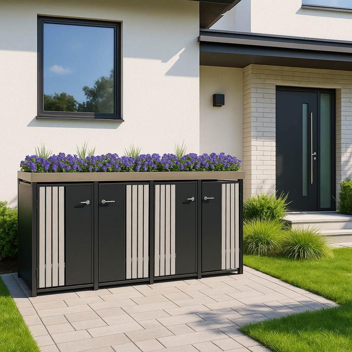 4er-Mlltonnenverkleidung HWC-O67, Mlltonnenbox mit Pflanzkasten, Metall 125x260x84cm 95kg ~ anthrazit Holzoptik hell