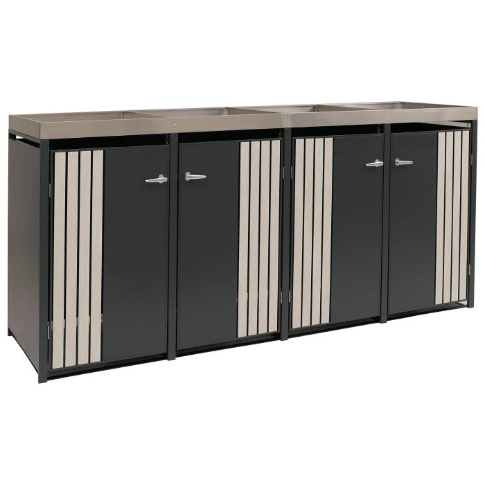 4er-Mlltonnenverkleidung HWC-O67, Mlltonnenbox mit Pflanzkasten, Metall 125x260x84cm 95kg ~ anthrazit Holzoptik hell