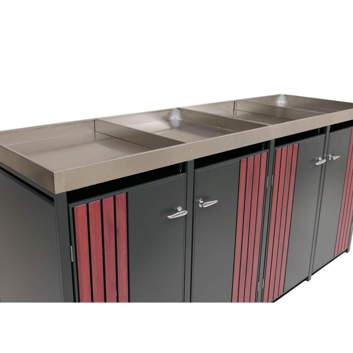 4er-Mlltonnenverkleidung HWC-O67, Mlltonnenbox mit Pflanzkasten, Metall 125x260x84cm 95kg ~ anthrazit Holzoptik dunkel