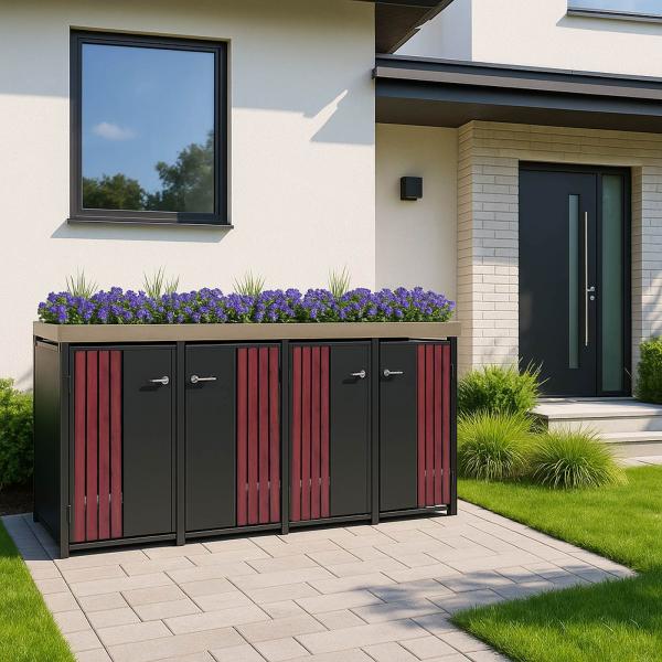Stimmungsbild fr Produkt 4er-Mlltonnenverkleidung HWC-O67, Mlltonnenbox mit Pflanzkasten, Metall 125x260x84cm 95kg ~ anthrazit Holzoptik dunkel