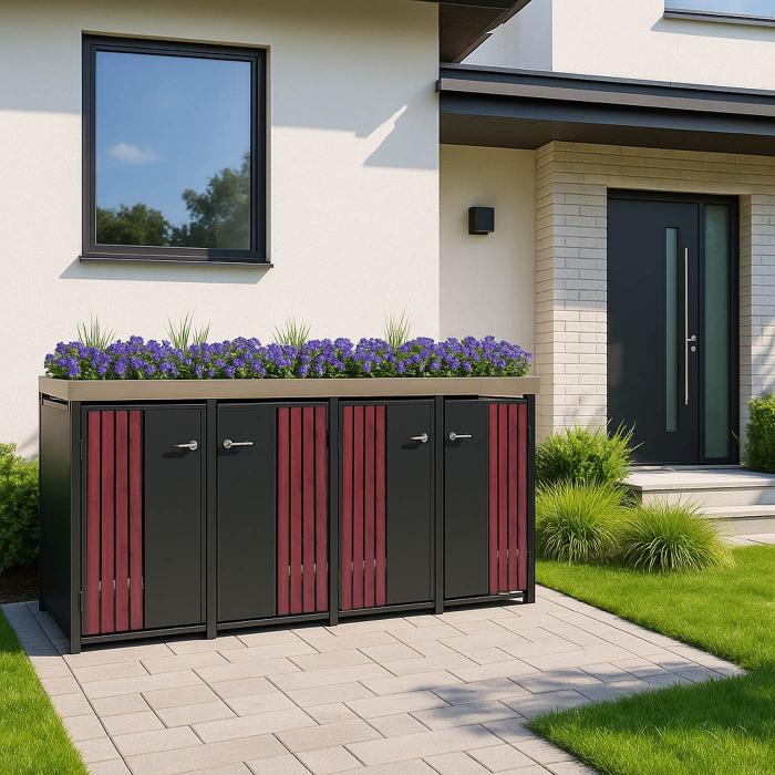 4er-Mlltonnenverkleidung HWC-O67, Mlltonnenbox mit Pflanzkasten, Metall 125x260x84cm 95kg ~ anthrazit Holzoptik dunkel