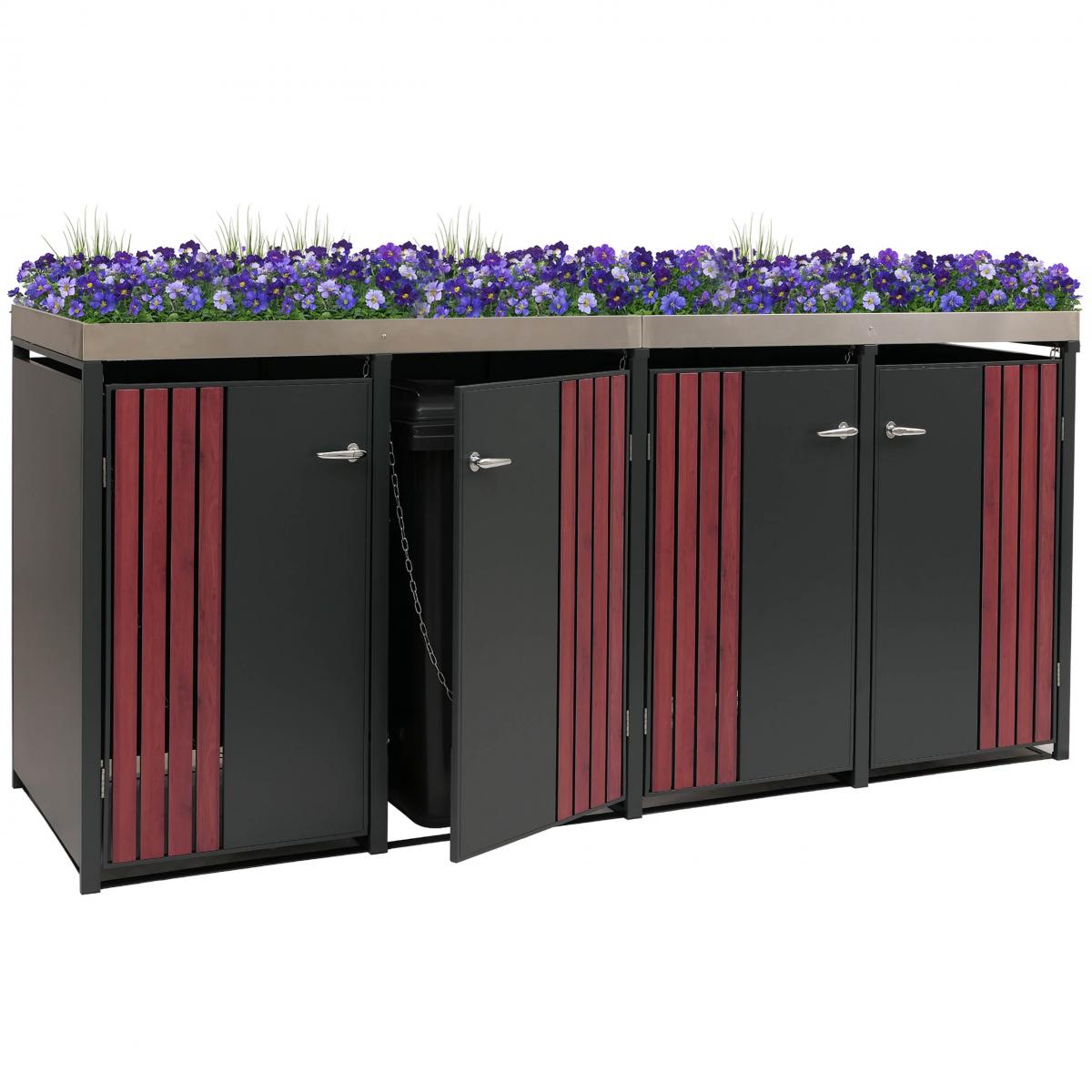 4er-Mlltonnenverkleidung HWC-O67, Mlltonnenbox mit Pflanzkasten, Metall 125x260x84cm 95kg ~ anthrazit Holzoptik dunkel