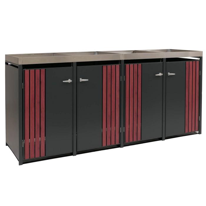4er-Mlltonnenverkleidung HWC-O67, Mlltonnenbox mit Pflanzkasten, Metall 125x260x84cm 95kg ~ anthrazit Holzoptik dunkel
