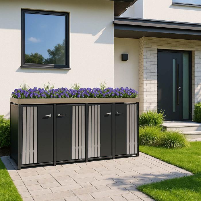 4er-Mlltonnenverkleidung HWC-O67, Mlltonnenbox mit Pflanzkasten, Metall 125x260x84cm 95kg ~ anthrazit Edelstahl