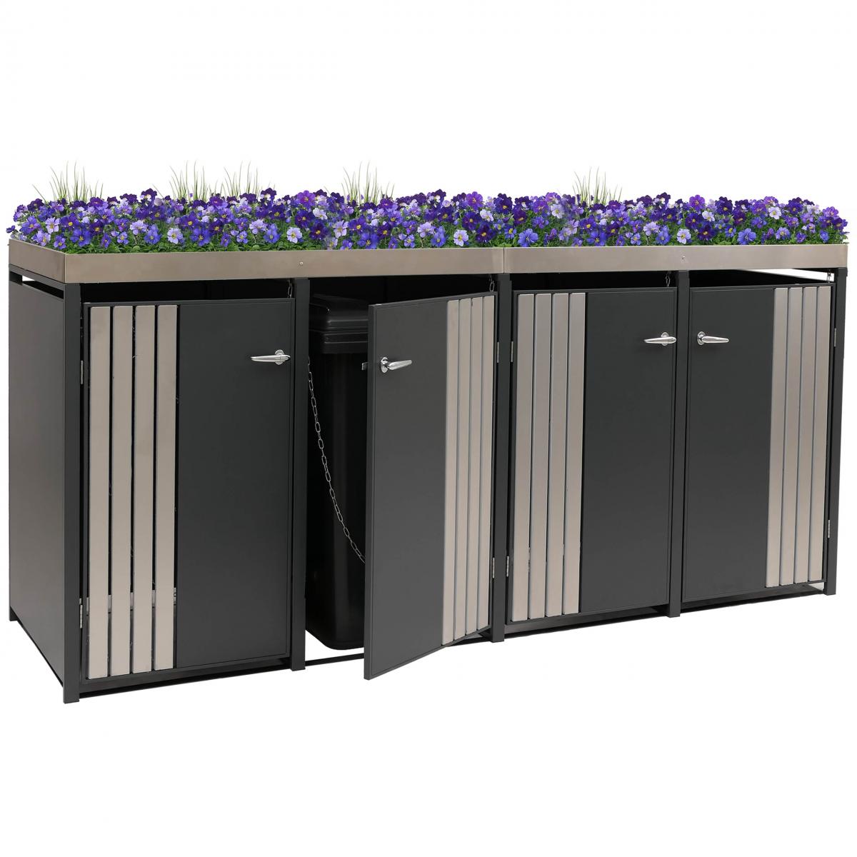 4er-Mlltonnenverkleidung HWC-O67, Mlltonnenbox mit Pflanzkasten, Metall 125x260x84cm 95kg ~ anthrazit Edelstahl