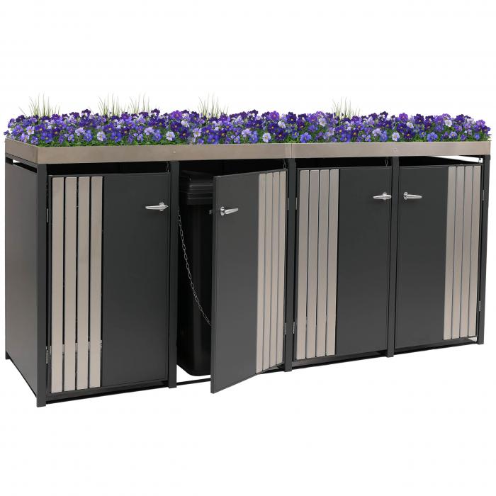 4er-Mlltonnenverkleidung HWC-O67, Mlltonnenbox mit Pflanzkasten, Metall 125x260x84cm 95kg ~ anthrazit Edelstahl