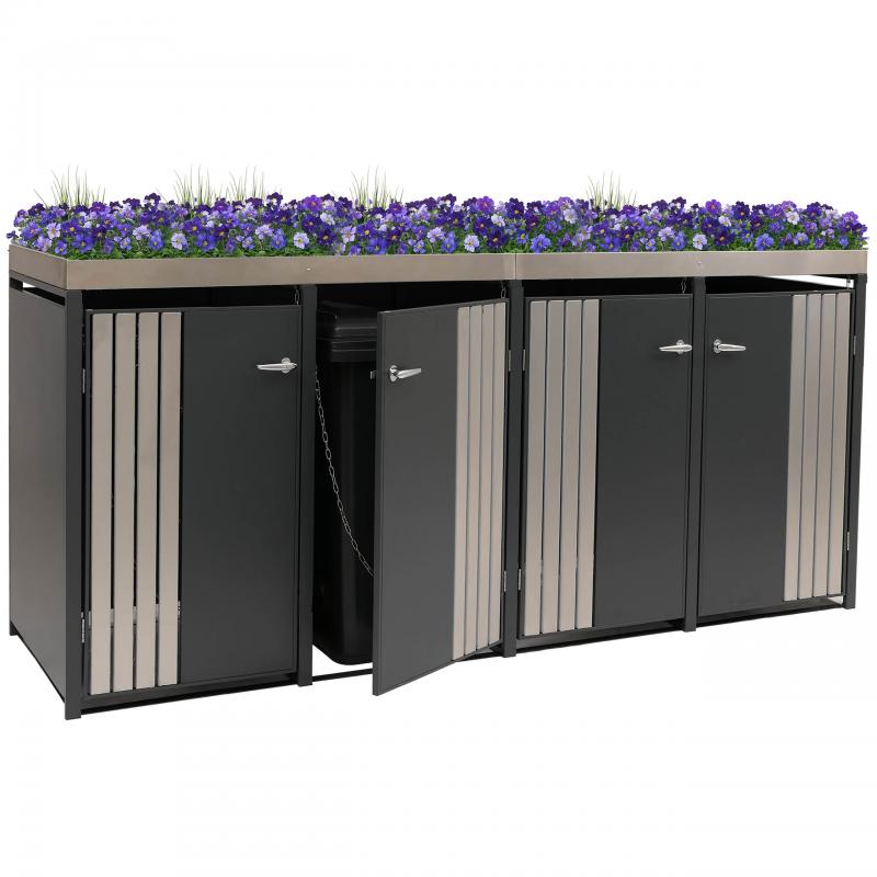 4er-Mlltonnenverkleidung HWC-O67, Mlltonnenbox mit Pflanzkasten, Metall 125x260x84cm 95kg ~ anthrazit Edelstahl