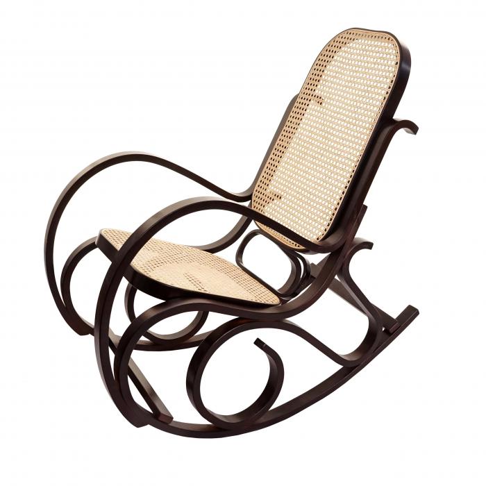 Schaukelstuhl M41, Schwingsessel Fernsehsessel, Massiv-Holz Rattan, FSC-zertifiziert ~ Walnuss-Optik