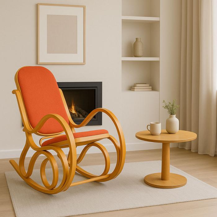 Schaukelstuhl M41, Schwingsessel Fernsehsessel, Massiv-Holz ~ Eiche-Optik, Stoff/Textil orange