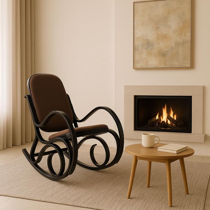 Schaukelstuhl M41, Schwingsessel Fernsehsessel, Massiv-Holz ~ Walnuss-Optik, Stoff/Textil dunkelbraun