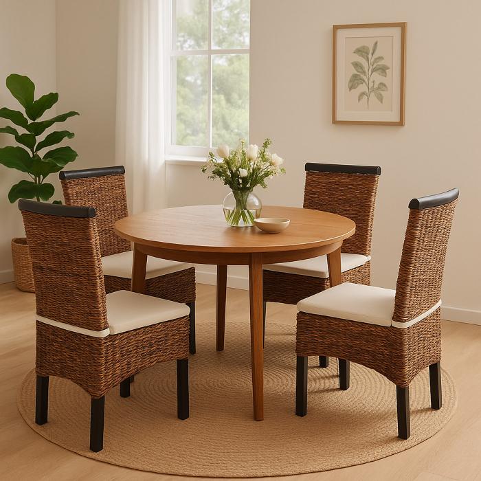 2er-Set Esszimmerstuhl Korbstuhl M45 Stuhl Bananengeflecht ~ dunkel, mit Kissen