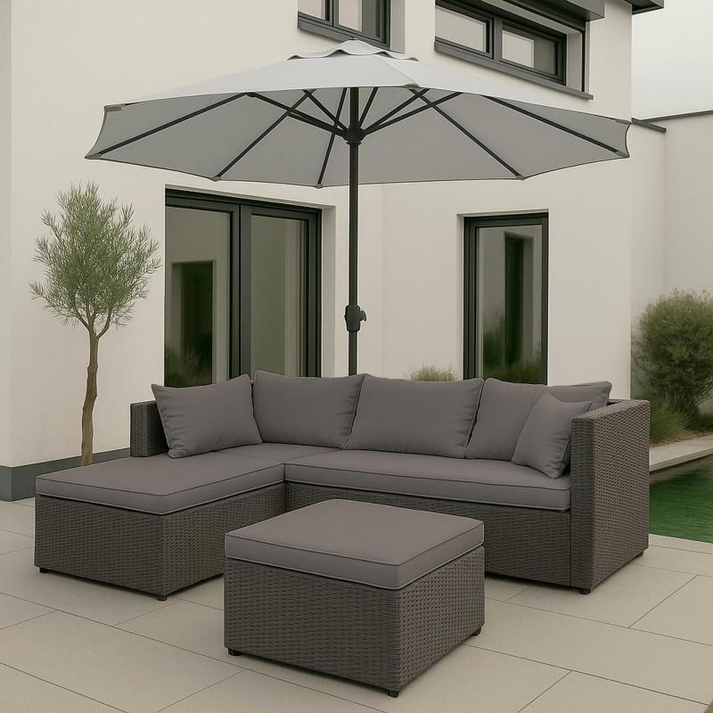 Poly-Rattan Garnitur HWC-O46, Balkon-/Garten-/Lounge-Set Sofa Sitzgruppe ~ grau Polster hellgrau