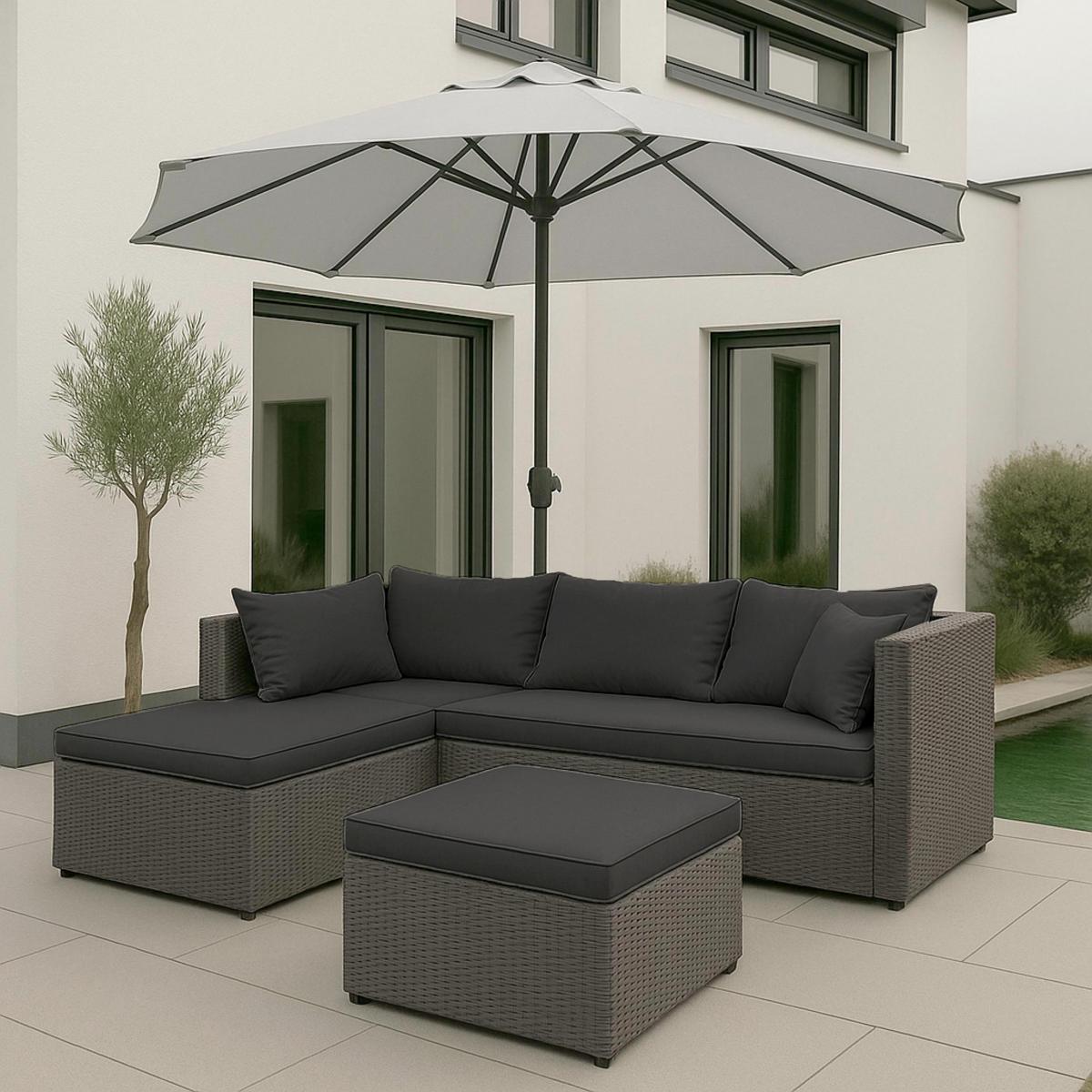 Poly-Rattan Garnitur HWC-O46, Balkon-/Garten-/Lounge-Set Sofa Sitzgruppe ~ grau Polster dunkelgrau
