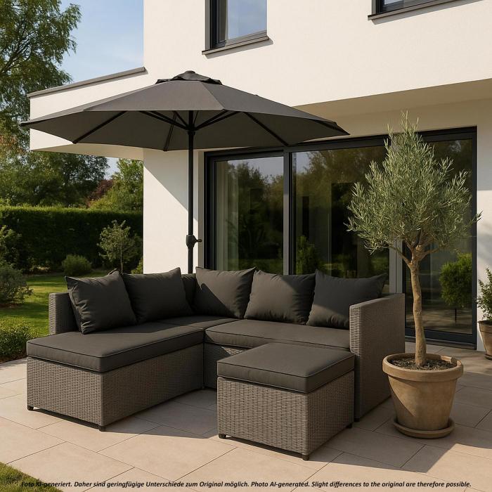 Poly-Rattan Garnitur HWC-O46, Balkon-/Garten-/Lounge-Set Sofa Sitzgruppe ~ grau Polster dunkelgrau