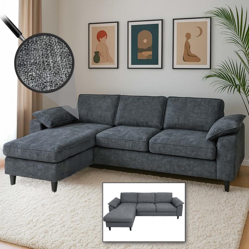 Sofa-Garnitur HWC-O71, Couch Sofa Ecksofa L-Form, Liegeflche links/rechts, Stoff/Textil Holz 84x229x140cm ~ dunkelgrau