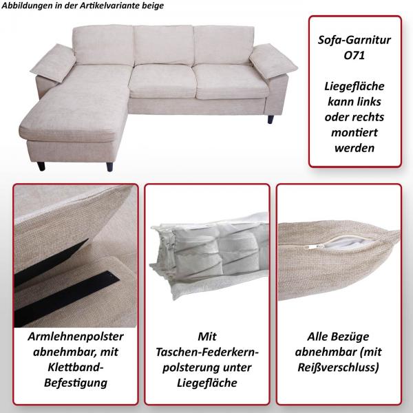 Foto mit wichtigsten Merkmalen des Produktes Sofa-Garnitur HWC-O71, Couch Ecksofa L-Form, Liegeflche links/rechts, Stoff (320 g/m) Holz 84x229x140cm ~ beige