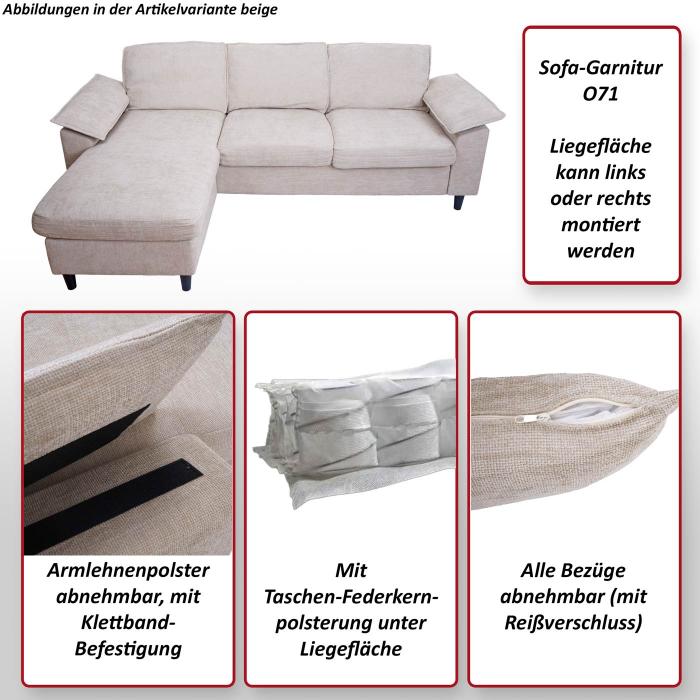 Sofa-Garnitur HWC-O71, Couch Ecksofa L-Form, Liegeflche links/rechts, Stoff (320 g/m) Holz 84x229x140cm ~ beige
