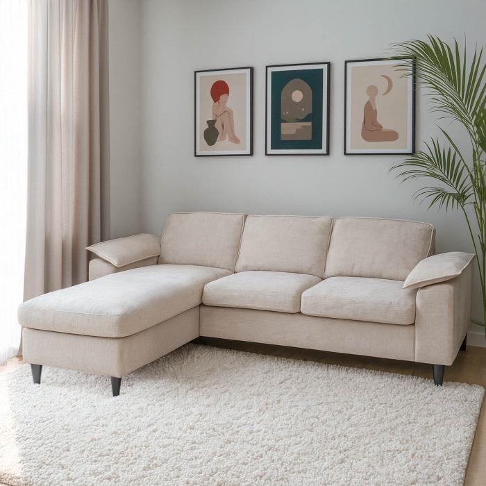 Sofa-Garnitur HWC-O71, Couch Ecksofa L-Form, Liegeflche links/rechts, Stoff (320 g/m) Holz 84x229x140cm ~ beige