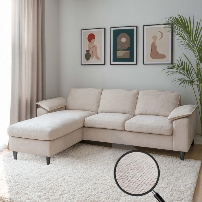 Sofa-Garnitur HWC-O71, Couch Ecksofa L-Form, Liegeflche links/rechts, Stoff (320 g/m) Holz 84x229x140cm ~ beige