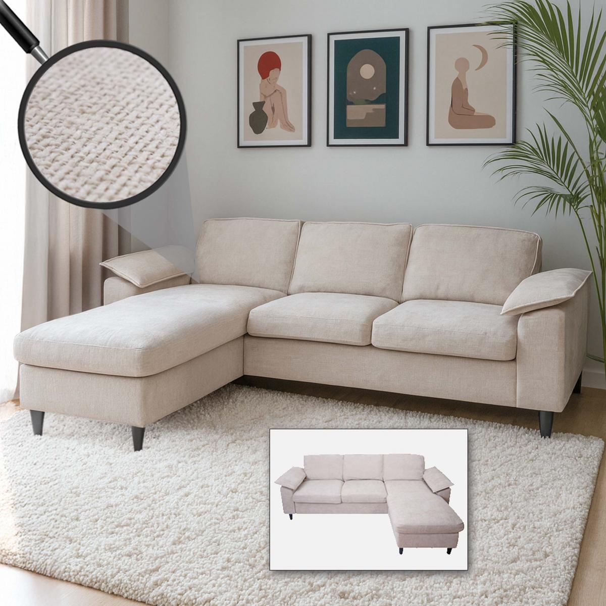 Sofa-Garnitur HWC-O71, Couch Ecksofa L-Form, Liegeflche links/rechts, Stoff (320 g/m) Holz 84x229x140cm ~ beige