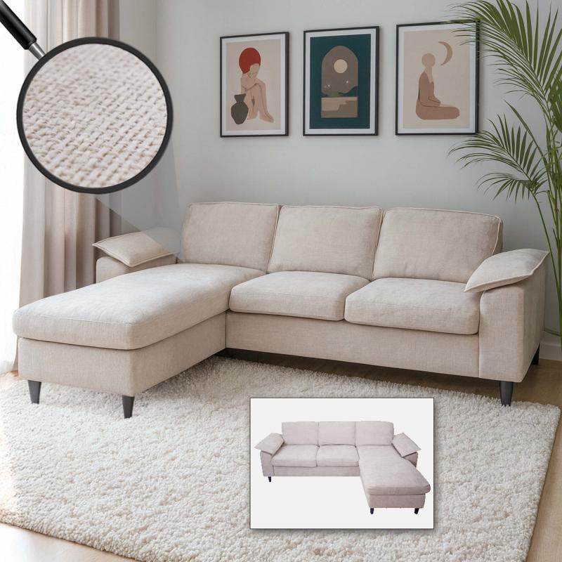 Sofa-Garnitur HWC-O71, Couch Ecksofa L-Form, Liegeflche links/rechts, Stoff (320 g/m) Holz 84x229x140cm ~ beige