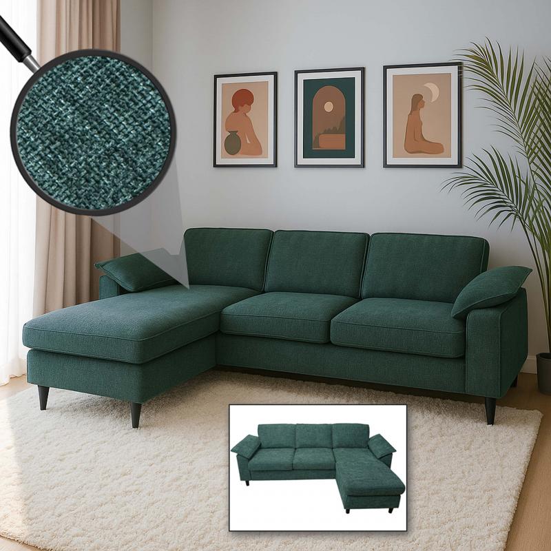 Sofa-Garnitur HWC-O71, Couch Ecksofa L-Form, Liegeflche links/rechts, Stoff (320 g/m) Holz 84x229x140cm ~ grau-grn