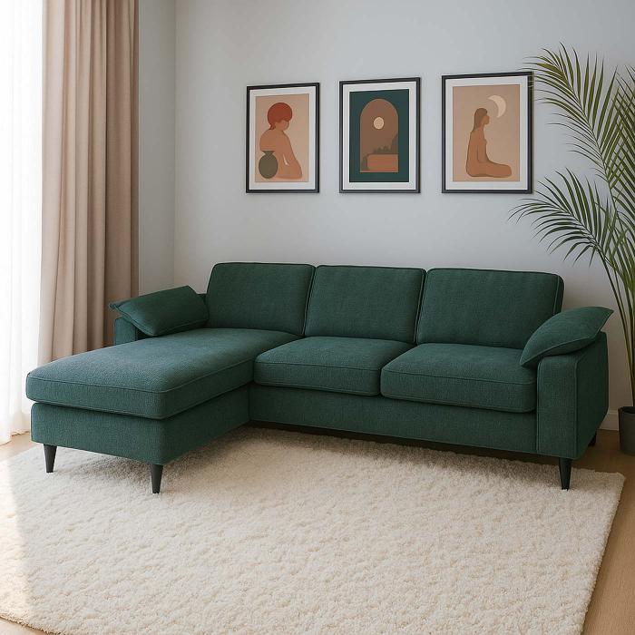 Sofa-Garnitur HWC-O71, Couch Ecksofa L-Form, Liegeflche links/rechts, Stoff (320 g/m) Holz 84x229x140cm ~ grau-grn