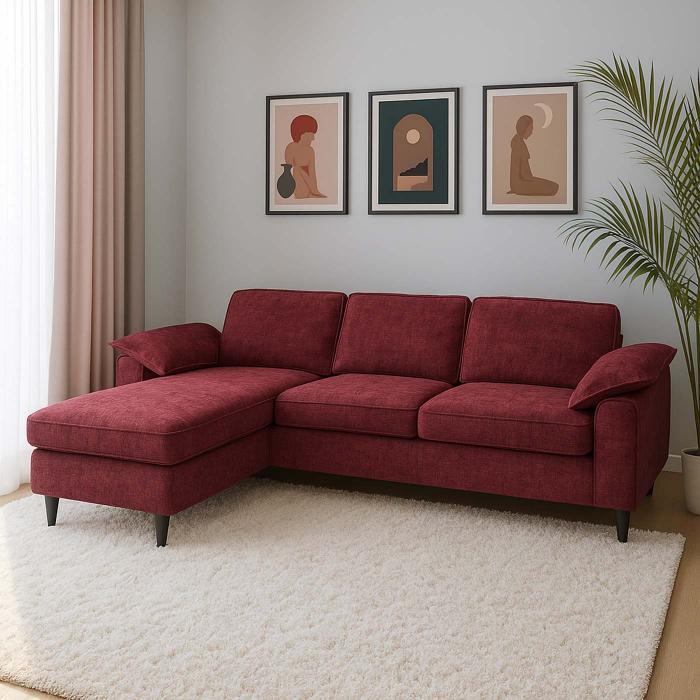 Sofa-Garnitur HWC-O71, Couch Ecksofa L-Form, Liegeflche links/rechts, Stoff (320 g/m) Holz 84x229x140cm ~ bordeaux