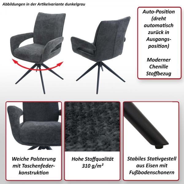 Foto mit wichtigsten Merkmalen des Produktes Esszimmerstuhl HWC-O78, Kchenstuhl Stuhl, drehbar Auto-Return, Stoff/Textil Chenille (310g/m) ko-Tex ~ graublau