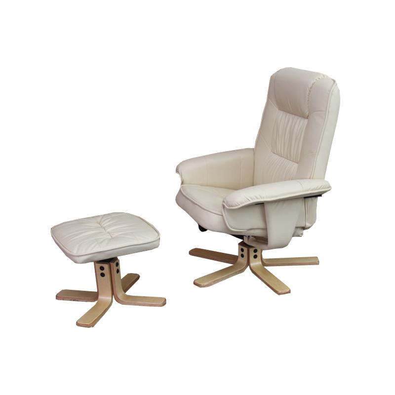 Relaxsessel M56, Fernsehsessel TV-Sessel mit Hocker Ottomane, Kunstleder Eukalyptus Holz FSC-zertifiziert ~ creme
