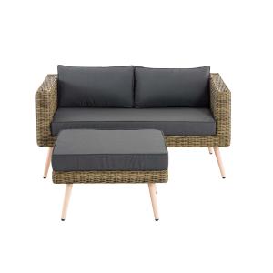 2er Sofa HLO-CP7 mit Fuhocker Rundrattan natura 45 cm (Hellbra ~ eisengrau