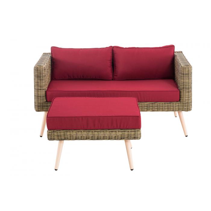 2er Sofa HLO-CP2 mit Fuhocker Rundrattan natura 40 cm Hellbraun ~ rubinrot