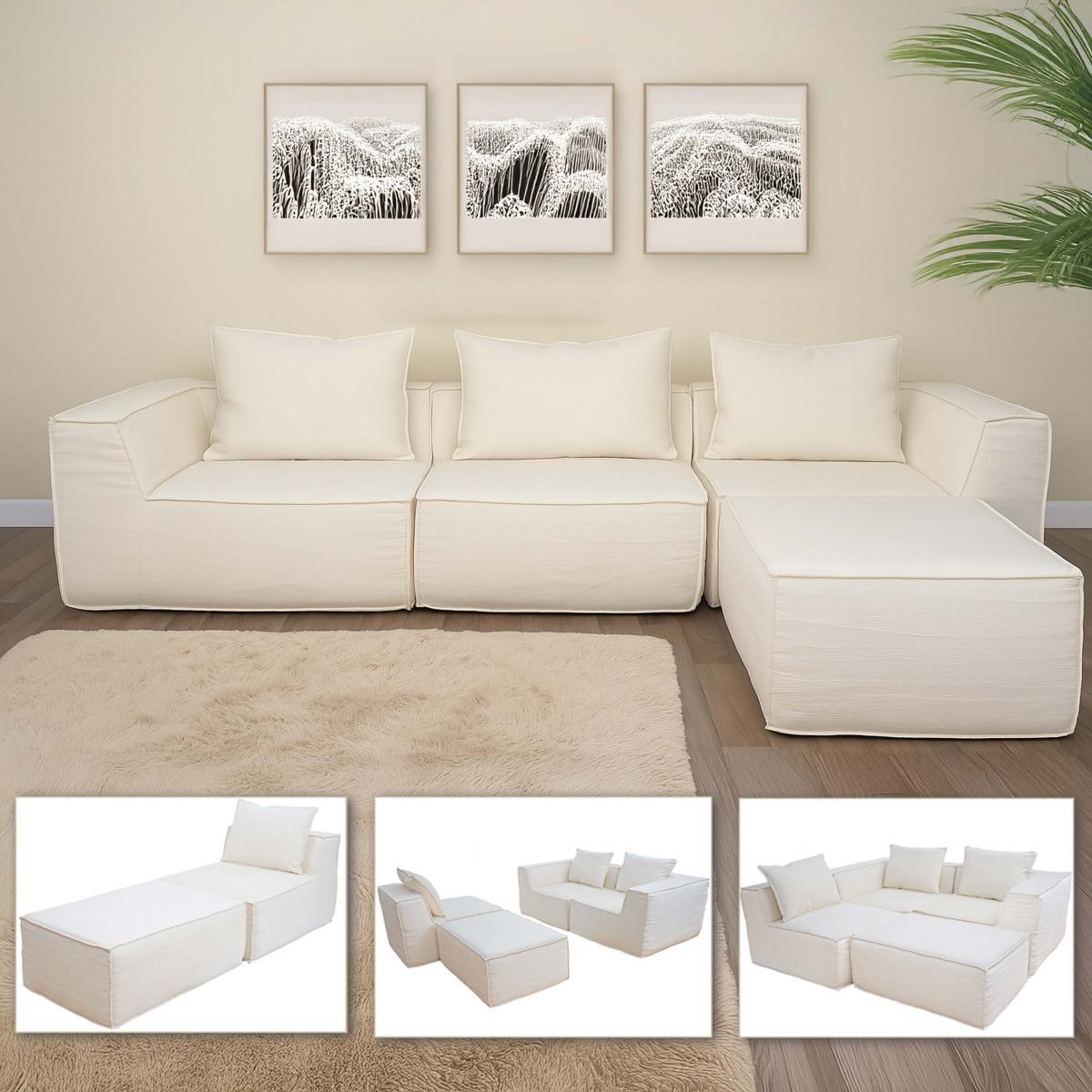 Sofa-Garnitur HWC-O54, Couch Sofa Loungesofa mit Ottomane modular vakuumiert, Stoff/Textil 63x270x190cm ~ creme