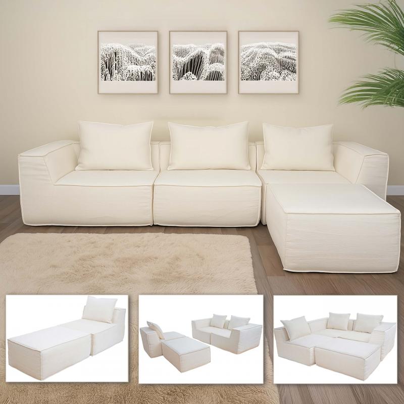 Sofa-Garnitur HWC-O54, Couch Sofa Loungesofa mit Ottomane modular vakuumiert, Stoff/Textil 63x270x190cm ~ creme