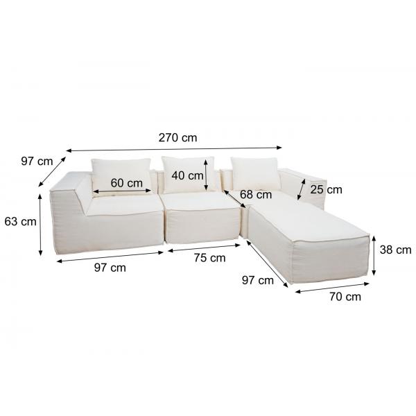 Bemaungsbild fr Produkt Sofa-Garnitur HWC-O54, Couch Sofa Loungesofa mit Ottomane modular vakuumiert, Stoff/Textil 63x270x190cm ~ creme