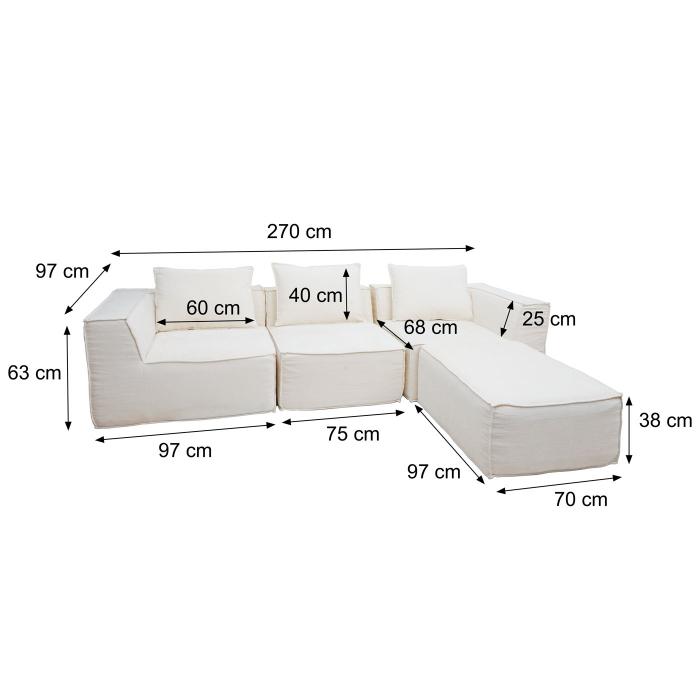 Sofa-Garnitur HWC-O54, Couch Sofa Loungesofa mit Ottomane modular vakuumiert, Stoff/Textil 63x270x190cm ~ creme
